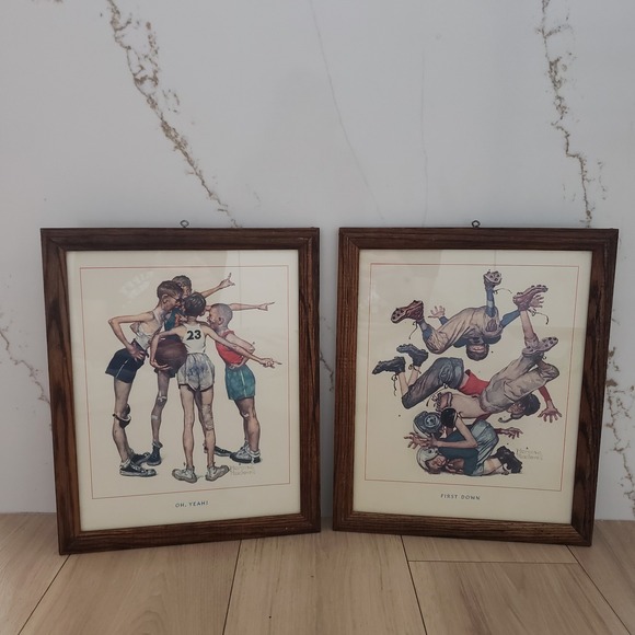 Norman Rockwell Framed Sports Art Prints Lot Oh Yeah & First Down 15x12 Vintage - Picture 2 of 7